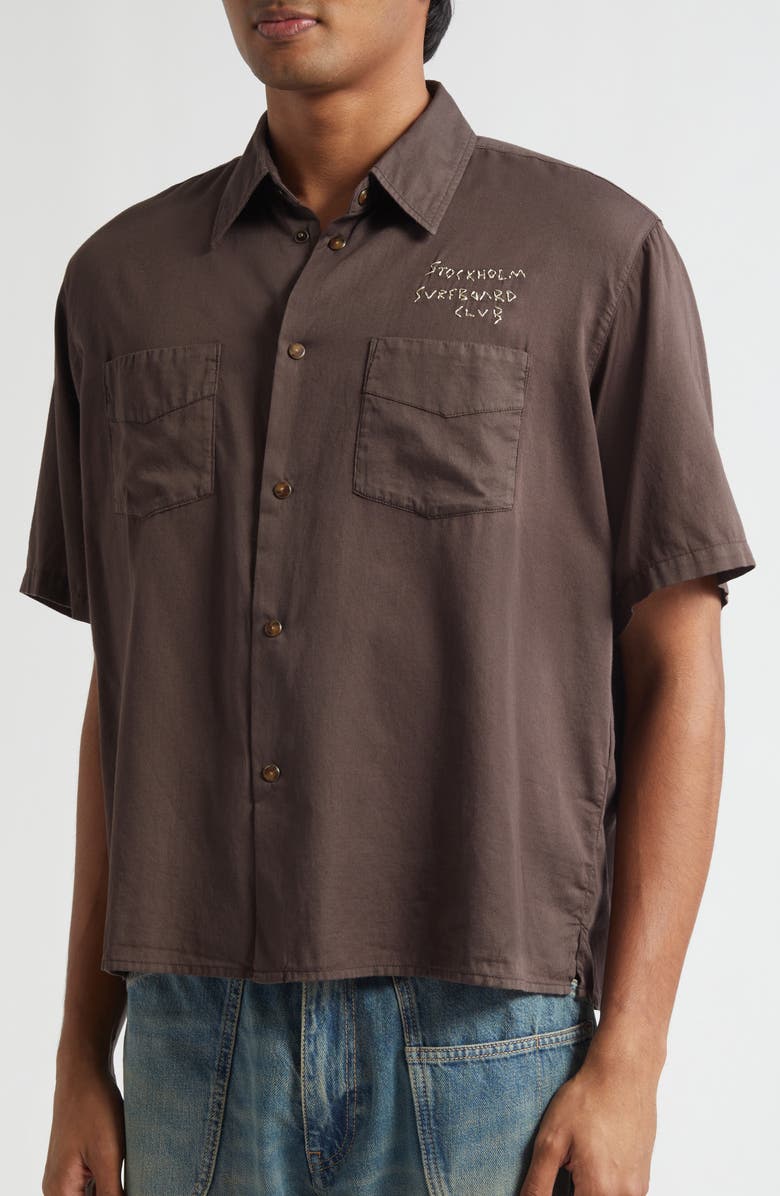 STOCKHOLM SURFBOARD CLUB Jerry Logo Embroidered Short Sleeve Button-Up Shirt, Alternate, color, Hickory