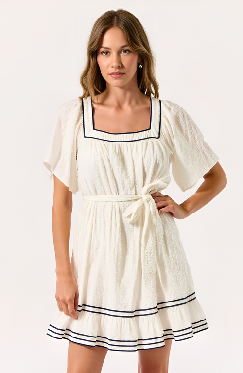Modenaire Short-sleeve Square-neck Contrast Trim Mini Dress