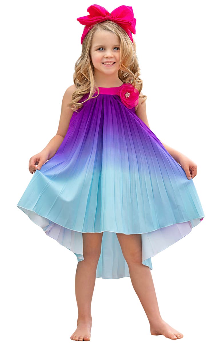 Mia Belle Girls Girls Ocean Sunset Ombre Pleated Hi-Lo Dress, Main, color, Fuchsia