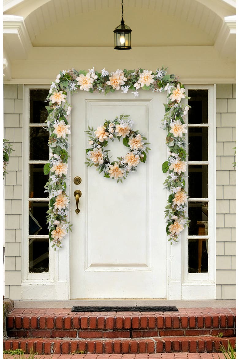28"H Peach Dahlia Artificial Floral Teardrop, Alternate, color, Beige