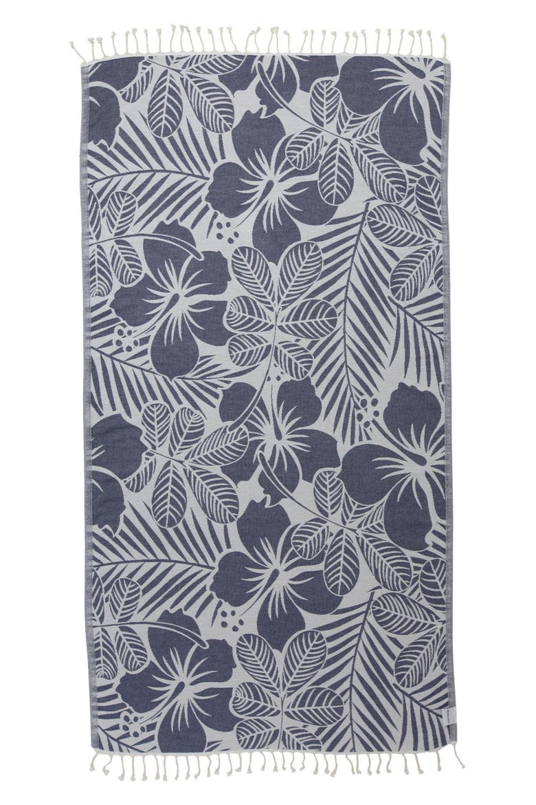 Hawaiian Flower Print Organic Cotton Reversible Turkish Towel, Main, color, Navy