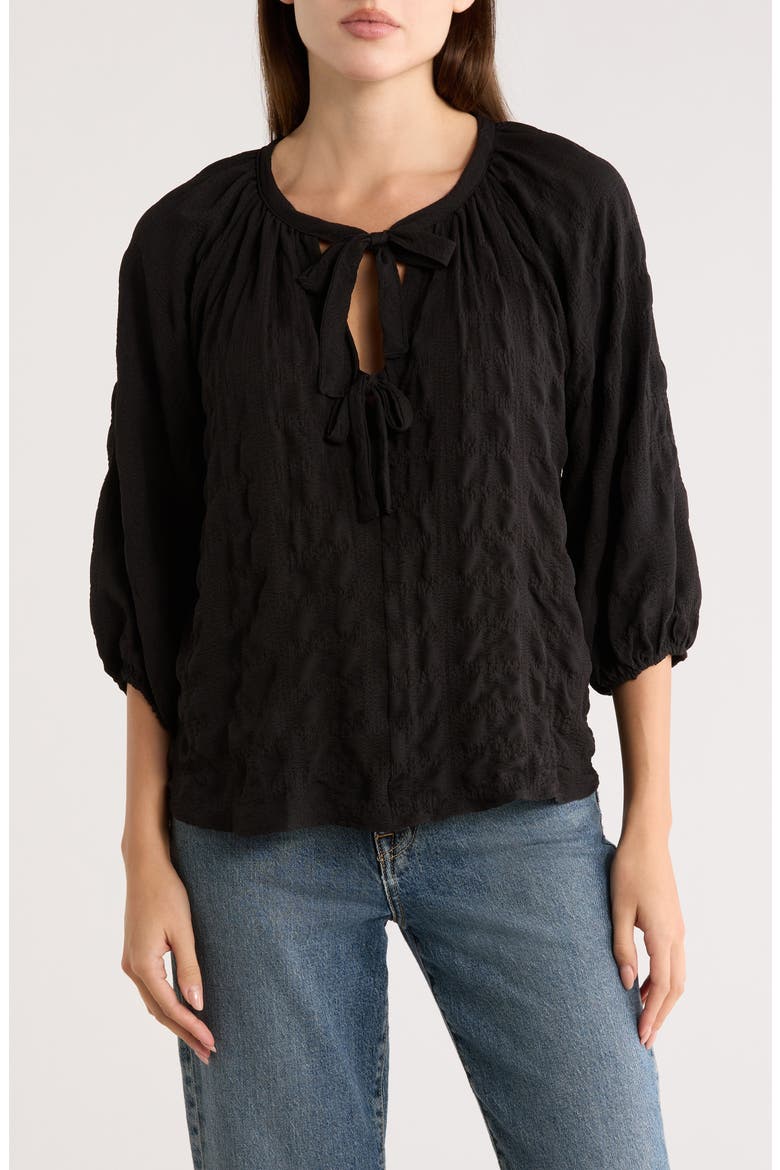 Tie Keyhole Puff Sleeve Top, Main, color, BLACK