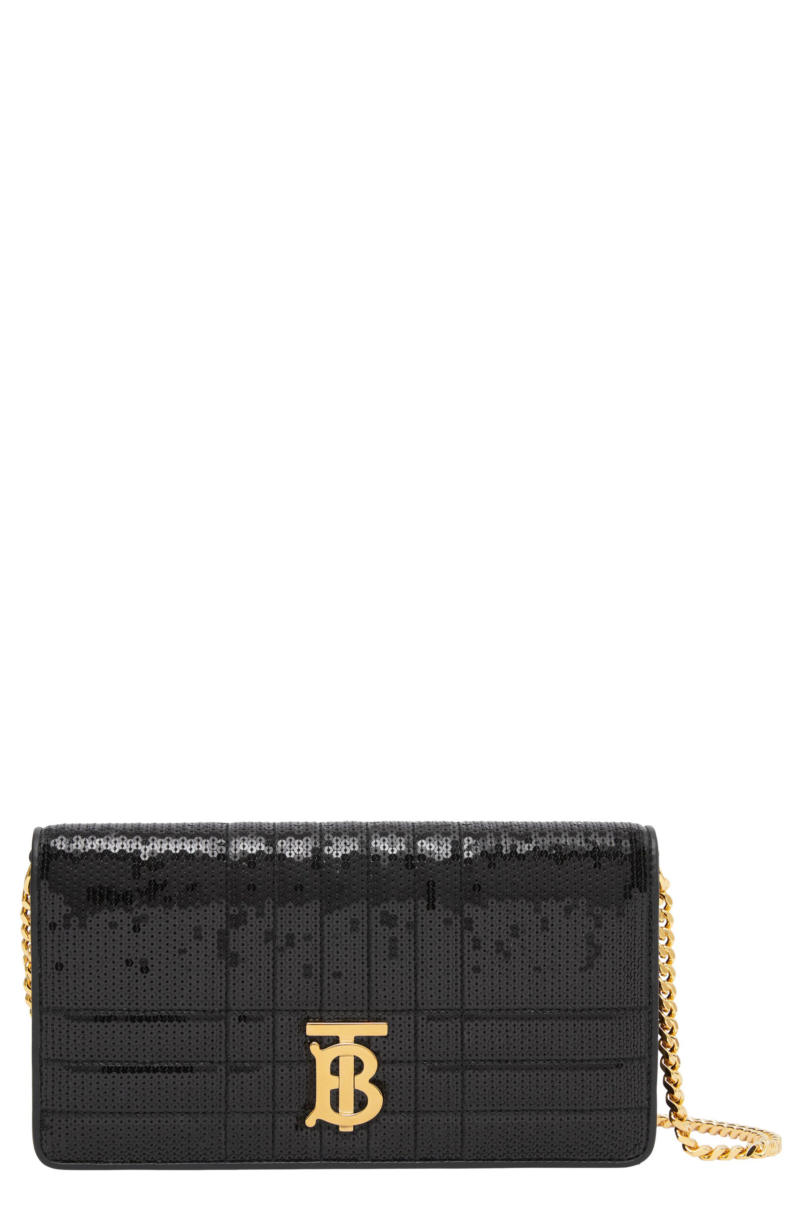 Lola Quilted Sequined Leather Wallet on a Chain, Main, color, BLACK