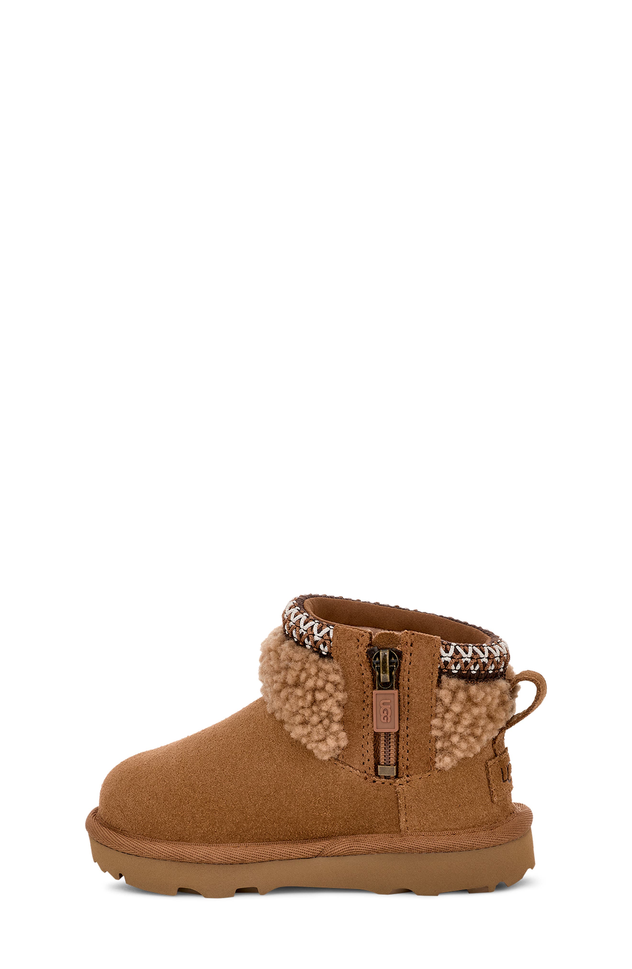 UGG<sup>®</sup> Kids' Classic Ultra Mini Curly Shearling Boot, Alternate, color, Chestnut