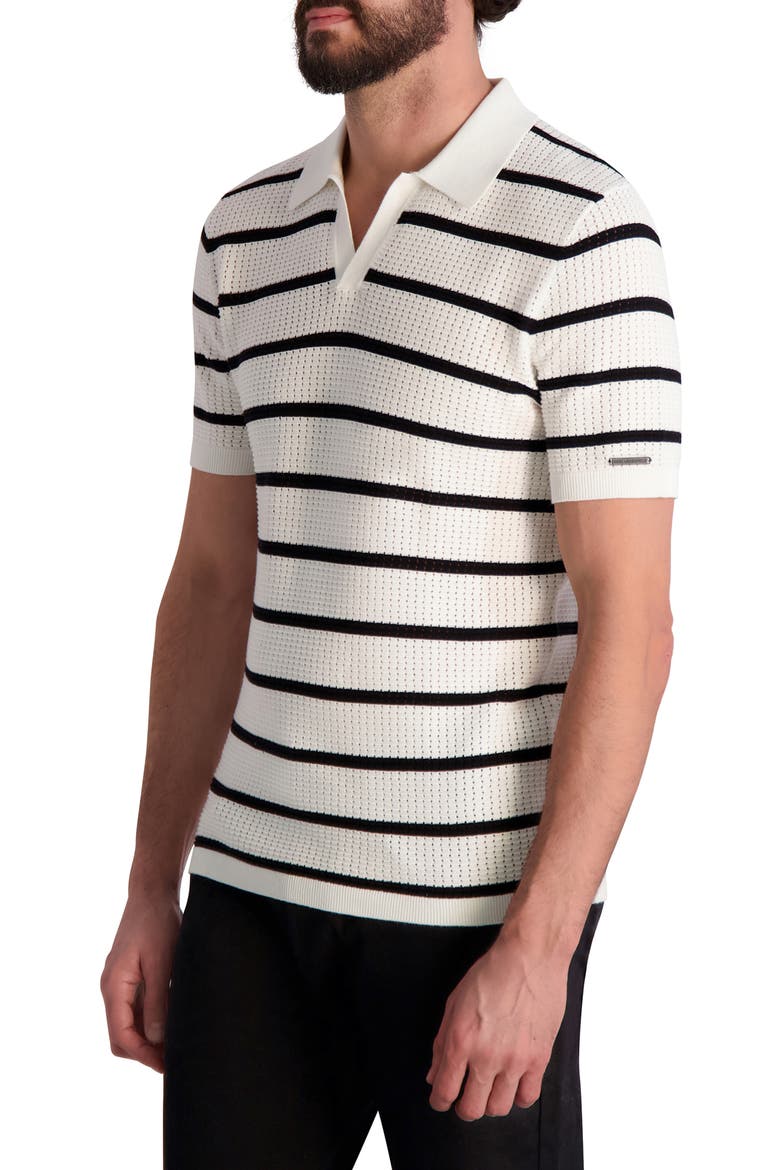 Striped Crochet Johnny Collar Polo, Alternate, color, WHITE/ BLACK