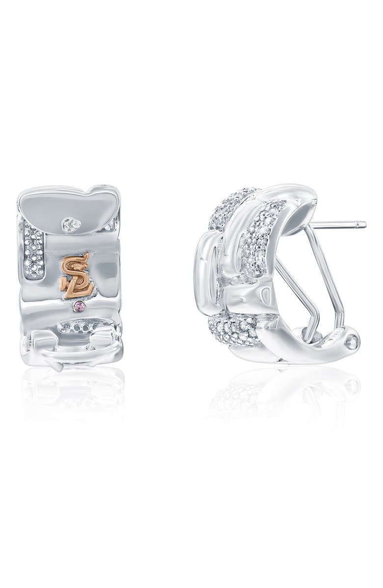 SUZY LEVIAN Cubic Zirconia Checkered Woven Huggie Hoop Earrings, Alternate, color, White/ Silver
