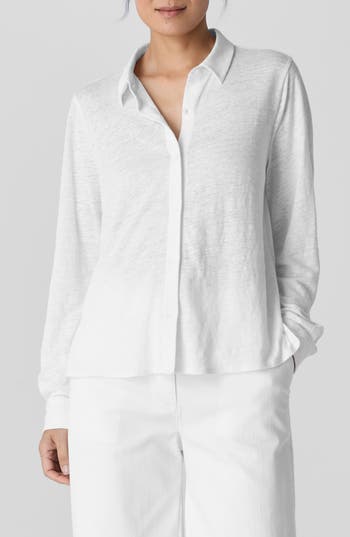 Eileen Fisher Classic Slim Fit Organic Linen Button-up Shirt In White