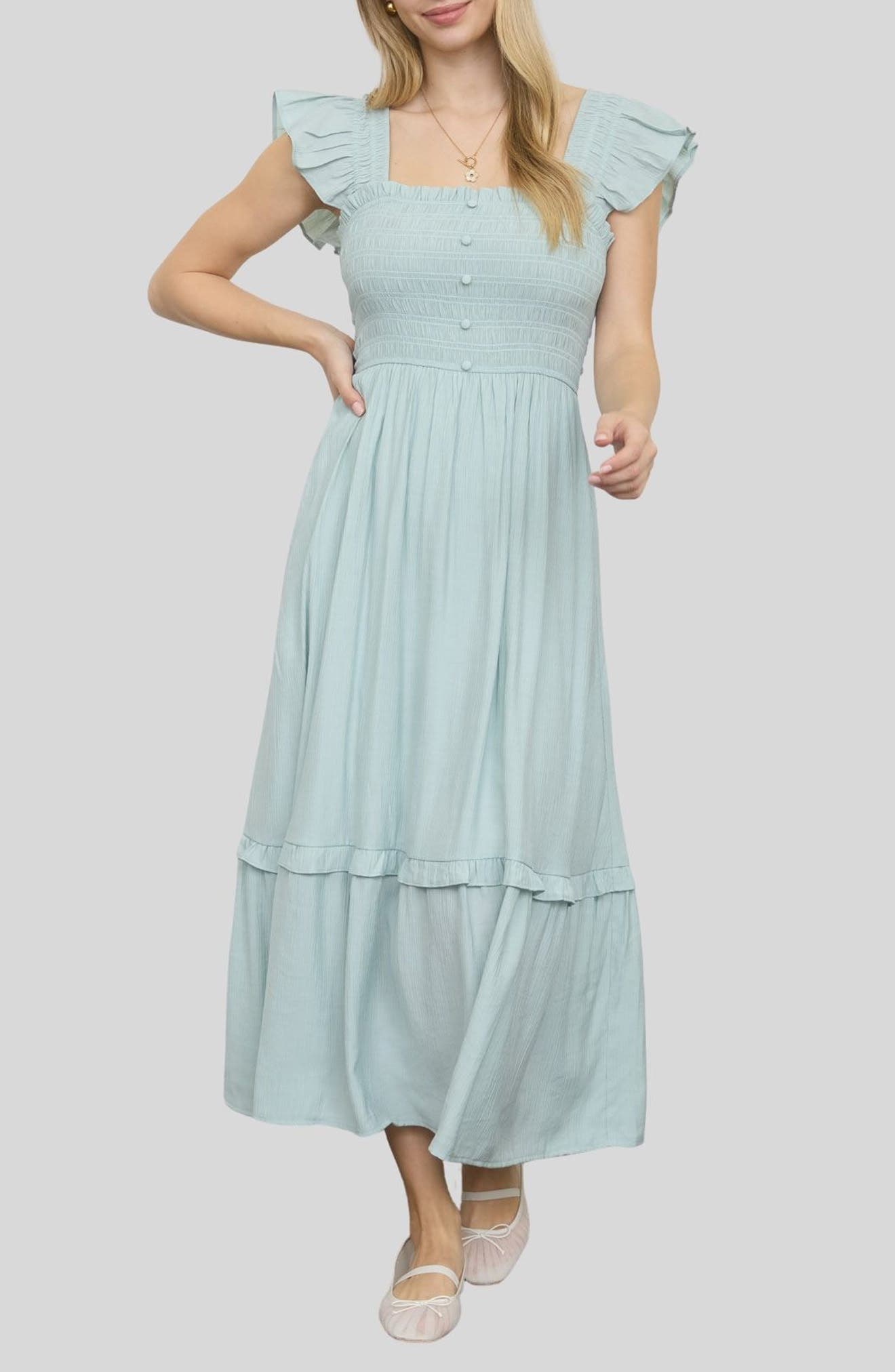 Blu Pepper Smocked Bodice Tiered Maxi Dress