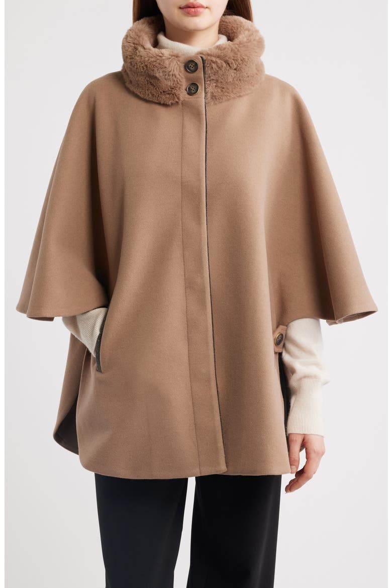 Faux Fur Collar Cape, Main, color, TRUFFLE