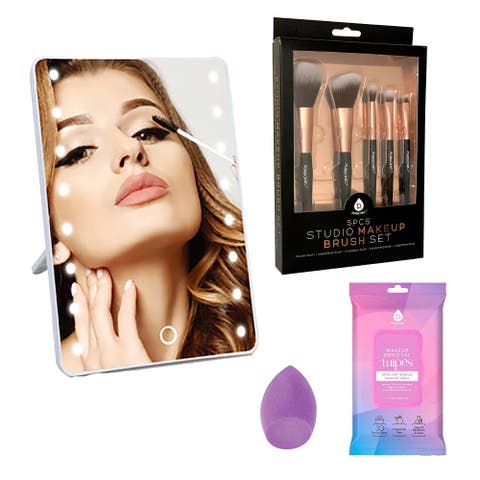 Makeup Essentials Set Brush Set, Wipes, Blender Sponge & Smart Vanity Mirror