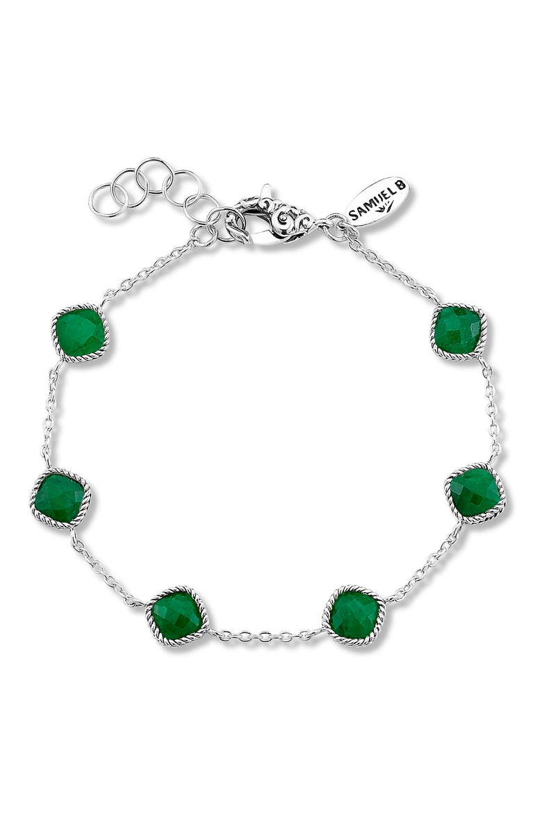 Sterling Silver Cushion Cut Semi-Precious Stone Station Bracelet, Main, color, GREEN