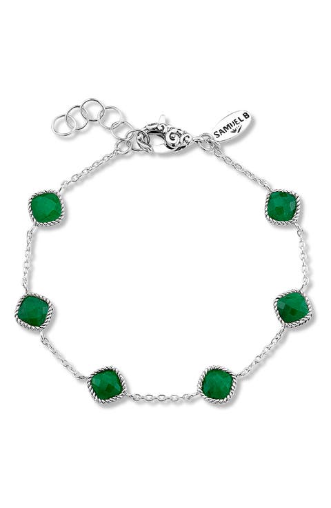 Sterling Silver Cushion Cut Semi-Precious Stone Station Bracelet