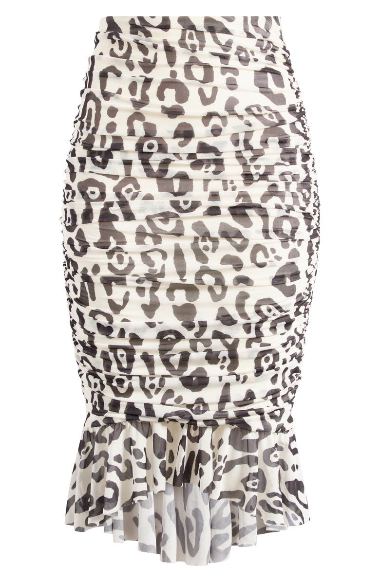 AFRM Ronica Ruched Mesh High-Low Skirt, Alternate, color, Stark Leopard