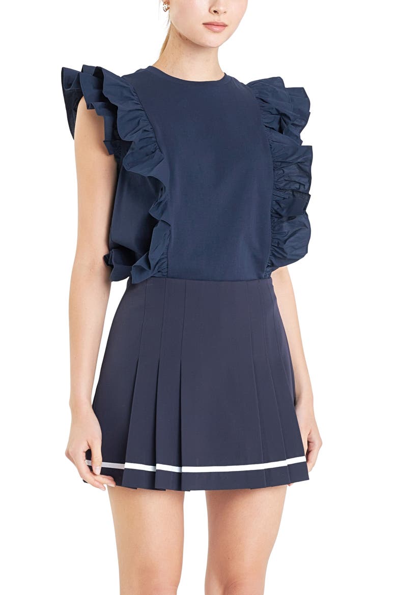 Poplin Ruffle Trim Knit Top, Alternate, color, NAVY