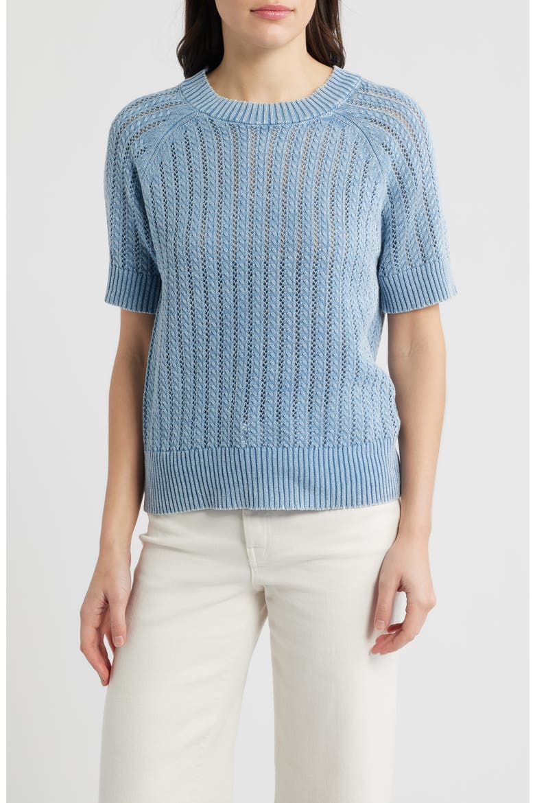 Washed Openwork Knit Rib Short Sleeve Sweater, Main, color, OCEAN