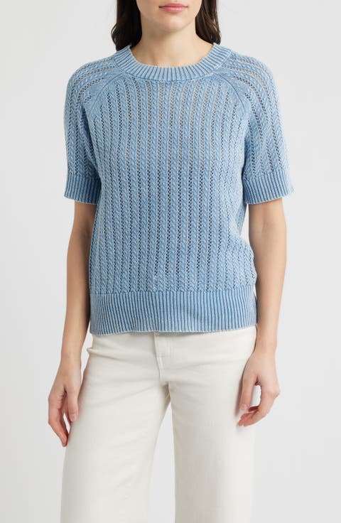 Washed Openwork Knit Rib Short Sleeve Sweater