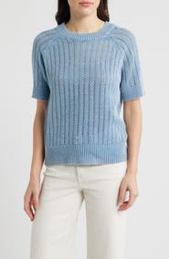 CITY BLUES Washed Openwork Knit Rib Short Sleeve Sweater