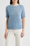 CITY BLUES Washed Openwork Knit Rib Short Sleeve Sweater