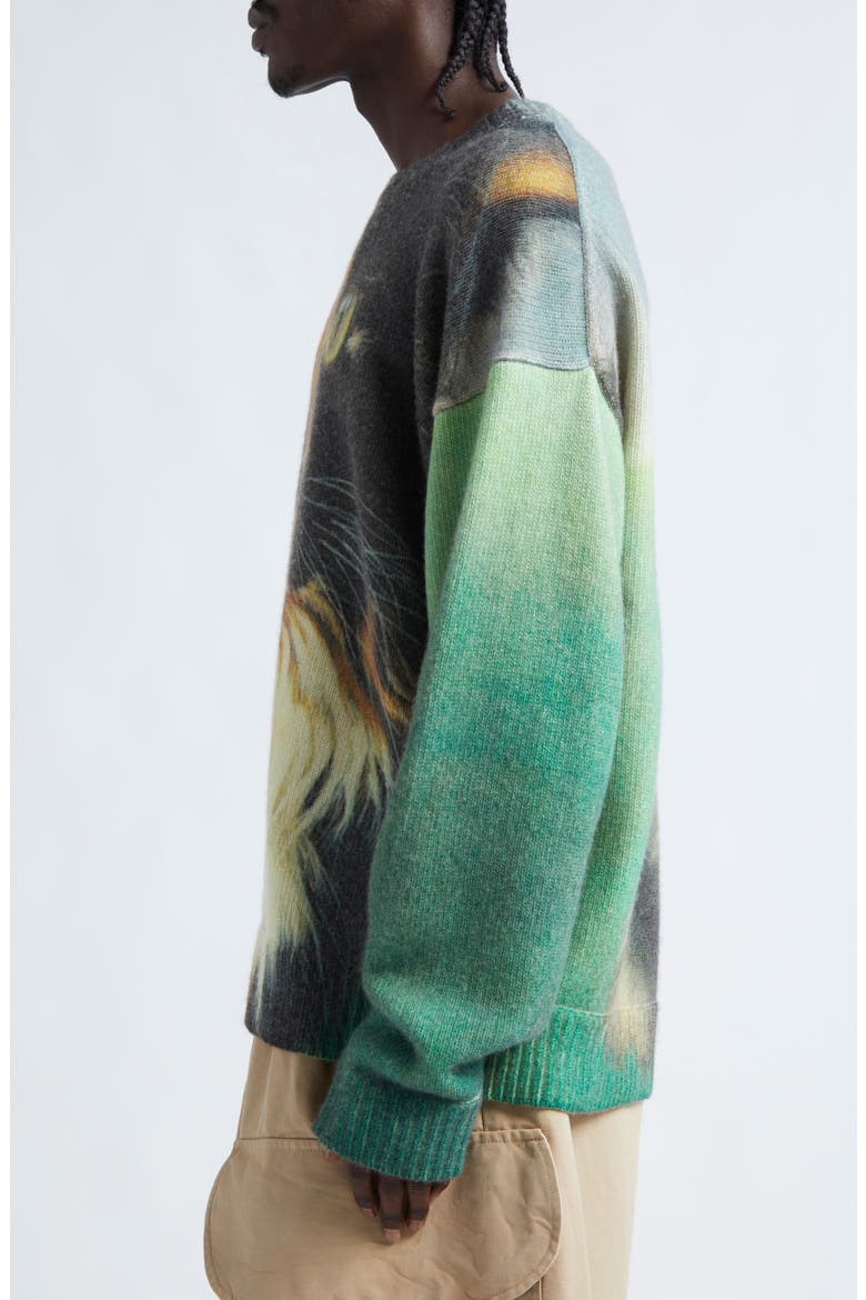 Cat Print Wool & Cashmere Blend Crewneck Sweater, Alternate, color, EMERALD