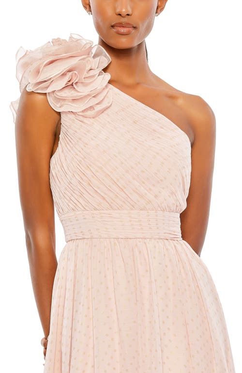Mac Duggal Rosette Metallic Dot One-shoulder Chiffon Gown In Porcelain