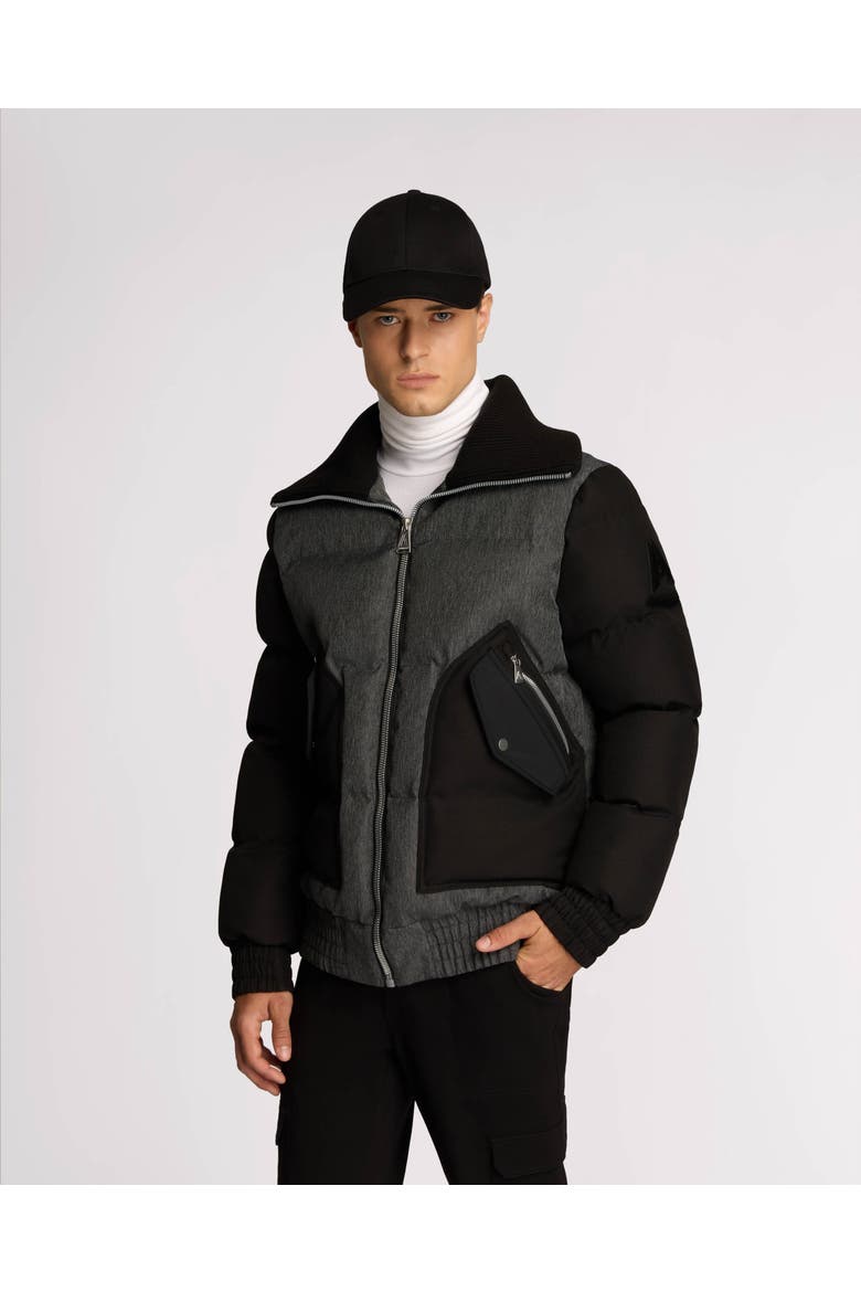 Sebonack Quilted Denim-Look Bomber Jacket with Fold-Over Ribbed Collar, Main, color, Black