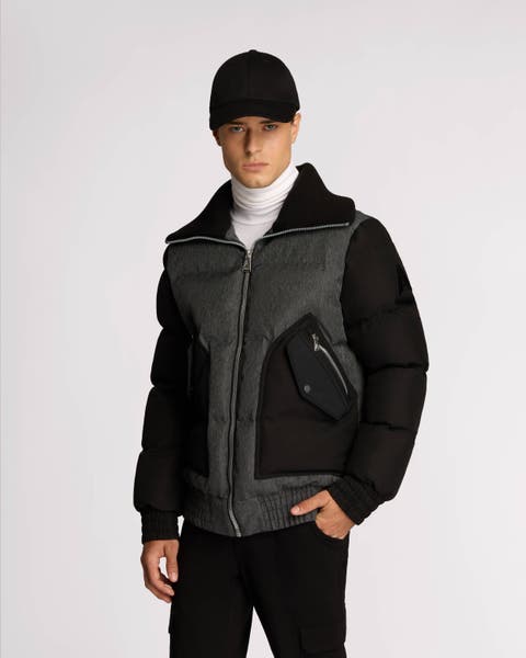 Sebonack Quilted Denim-Look Bomber Jacket with Fold-Over Ribbed Collar