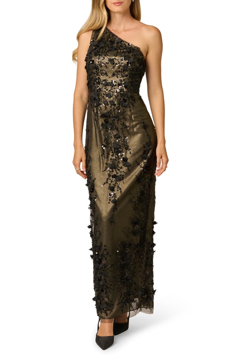Floral Embroidered One-Shoulder Gown, Main, color, BLACK/ GOLD