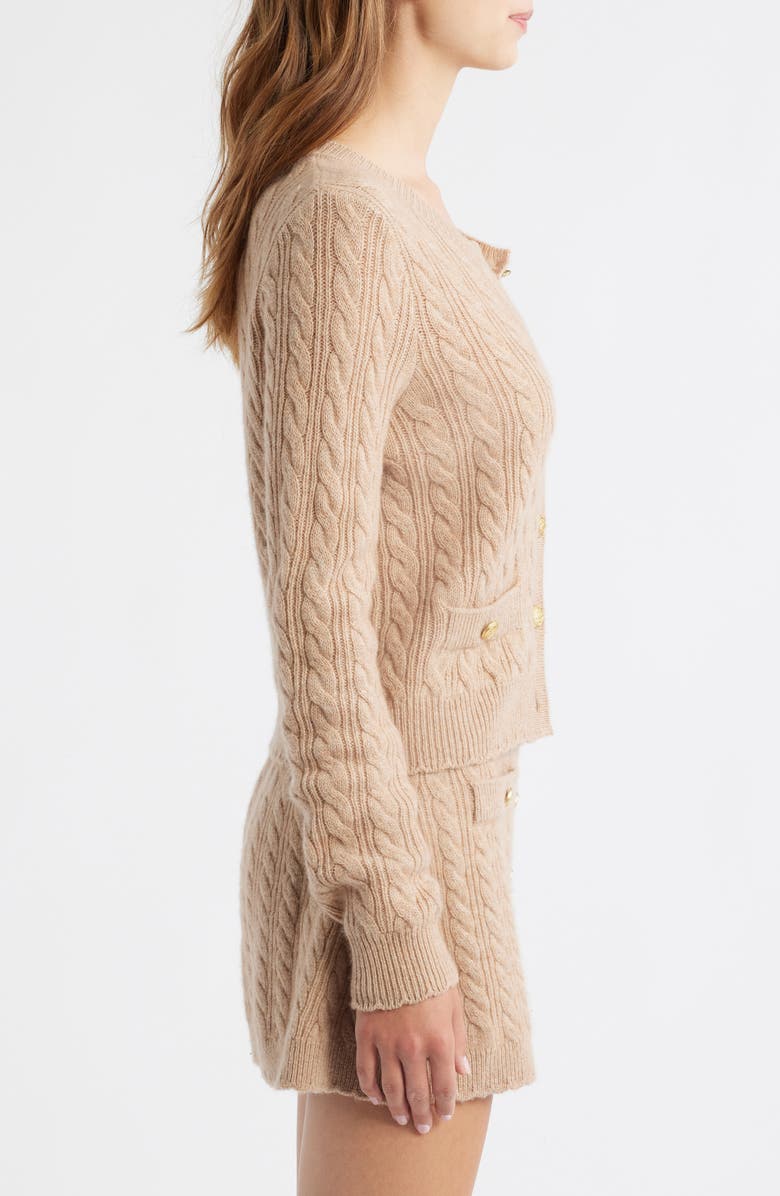 LoveShackFancy Eugenie Cable Knit Cashmere & Wool Cardigan, Alternate, color, Camel Melange