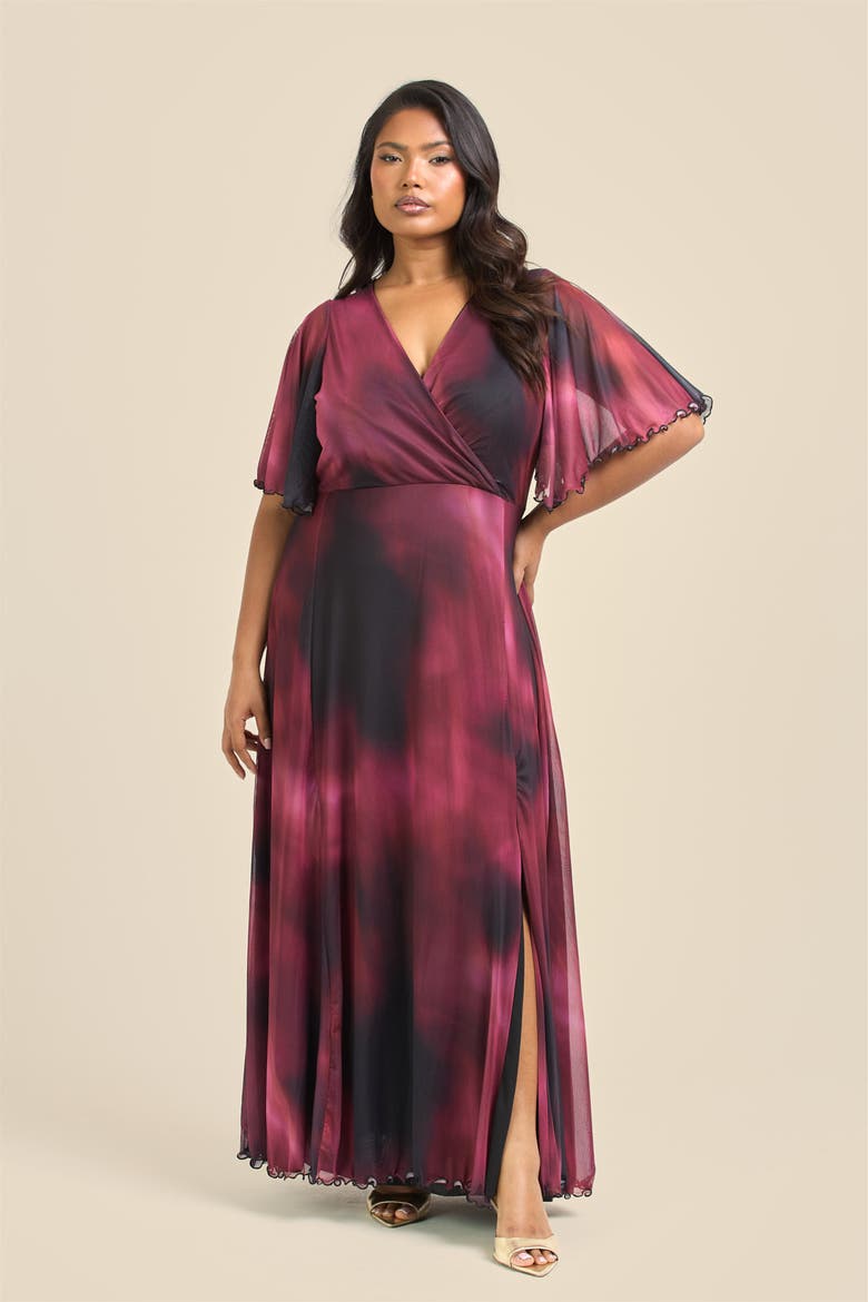 Elegant Abstract Print Mesh Maxi Dress, Alternate, color, Red