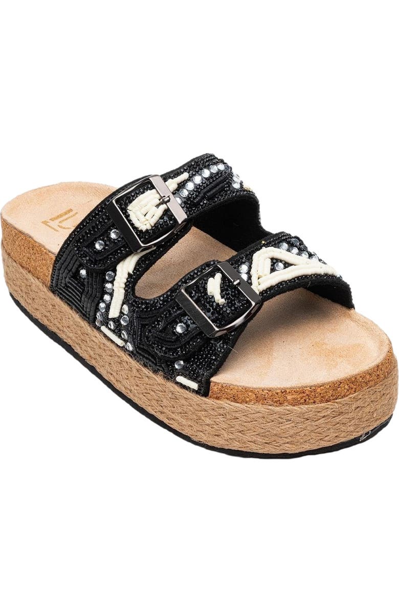 Prologue Shoes Bobby Beaded Straw Platform Slide Sandal, Alternate, color, Black Faux Leather