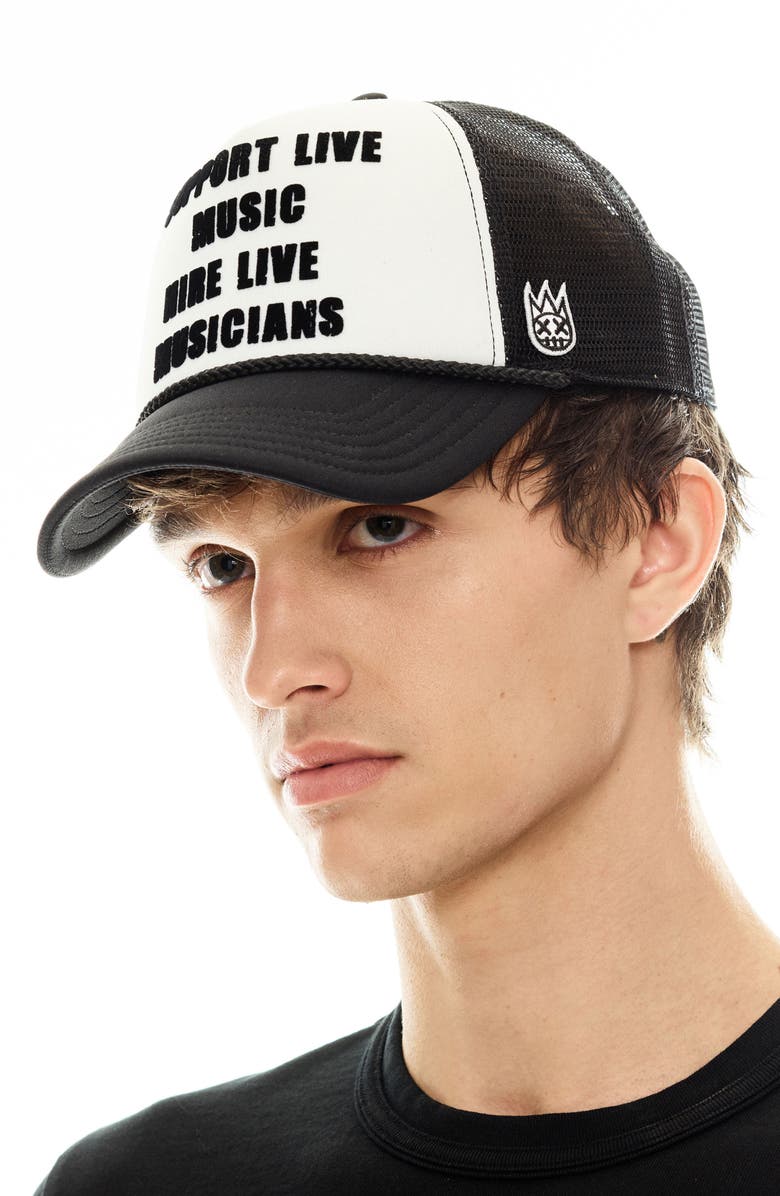 Cult of Individuality Support Live Music Trucker Hat, Alternate, color, White