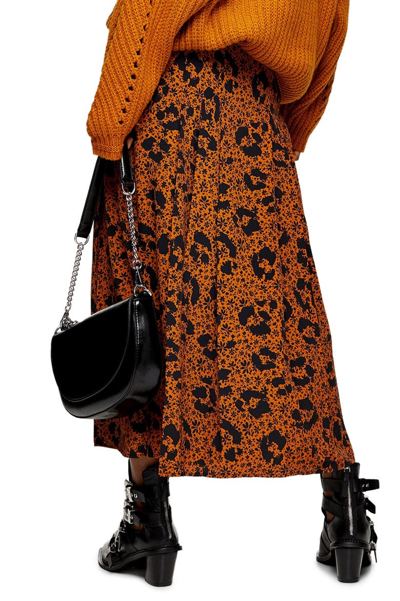 Floral Animal Box Pleat Midi Skirt, Alternate, color, BLACK MULTI
