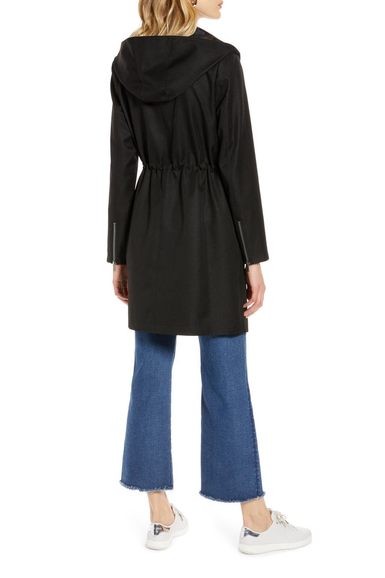 Cinch Waist Hooded Raincoat, Alternate, color, BLACK
