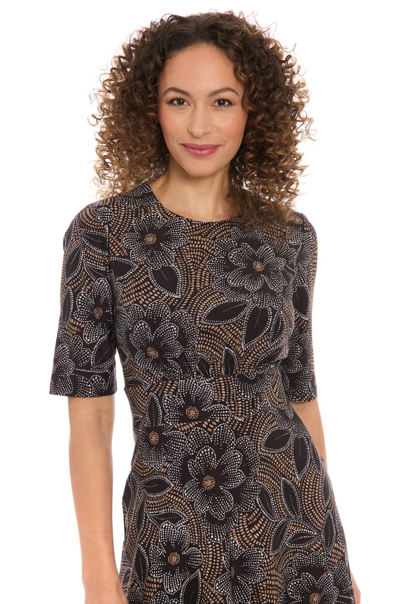 London Times Floral Short Sleeve Inset Waist Midi Dress, Alternate, color, Black/ Tan