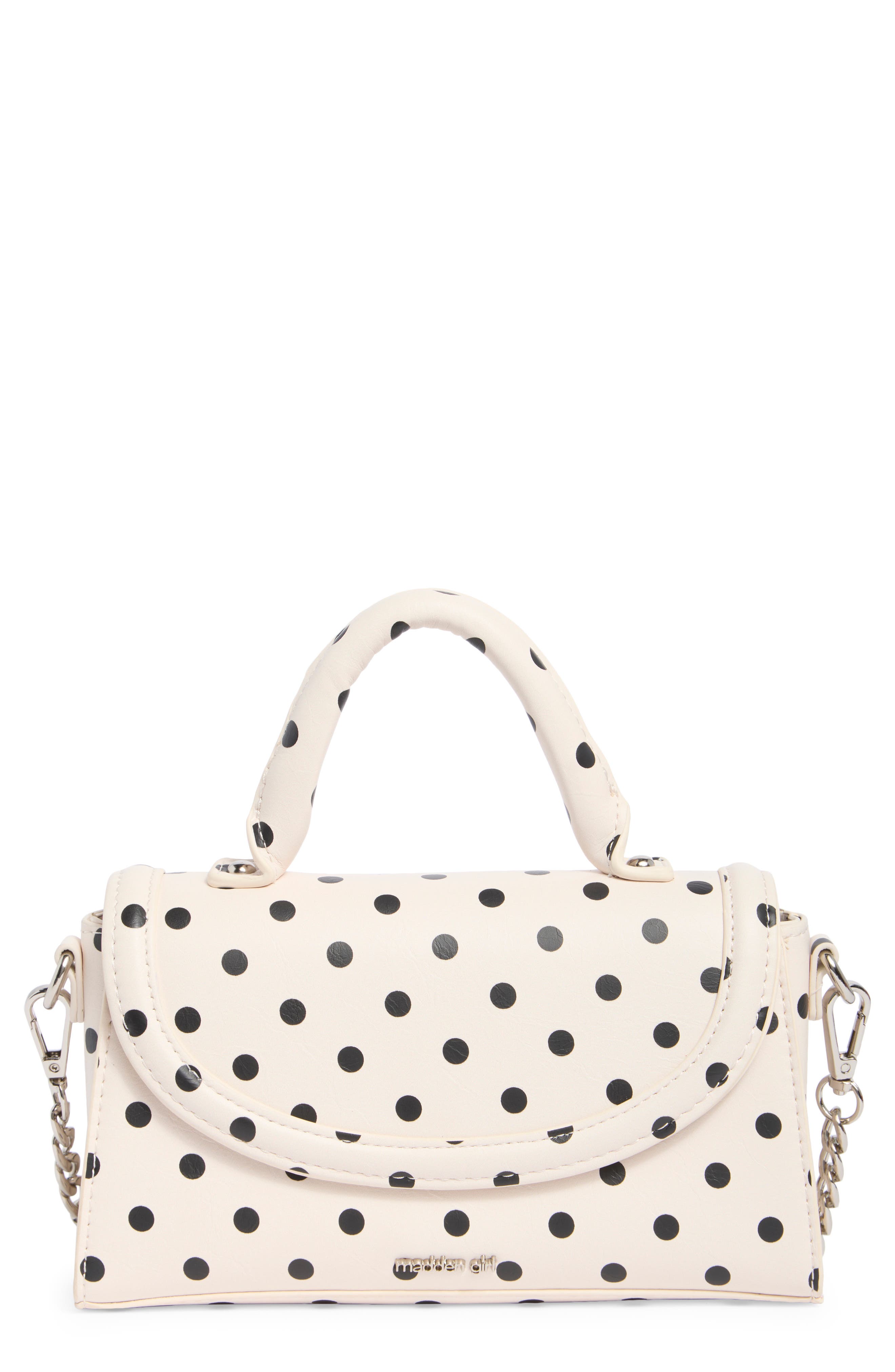 Madden Girl Top Handle Polka Dot Satchel, Main, color, Cream Polka Dot