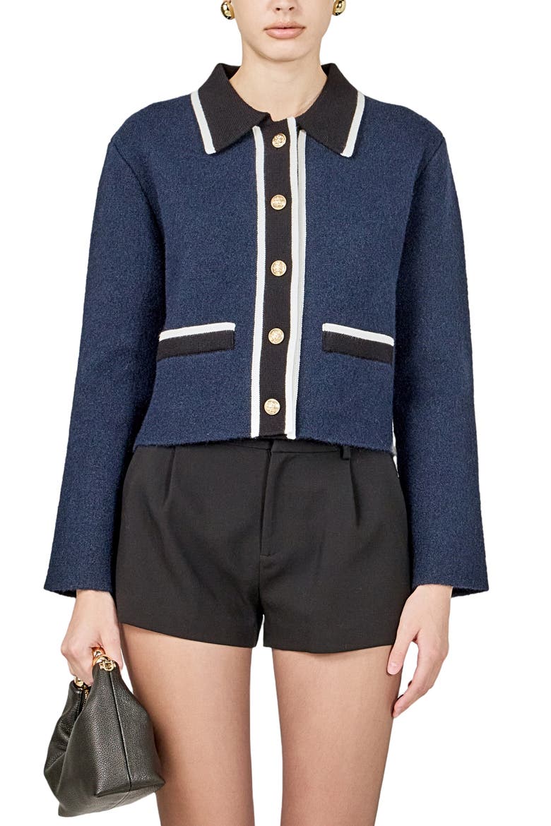 Contrast Placket Cardigan, Alternate, color, NAVY/ WHITE