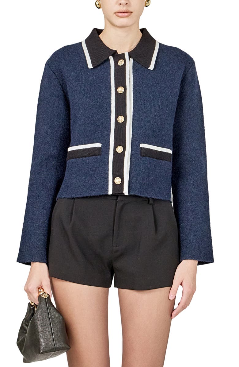 English Factory Contrast Placket Cardigan, Alternate, color, Navy/ White