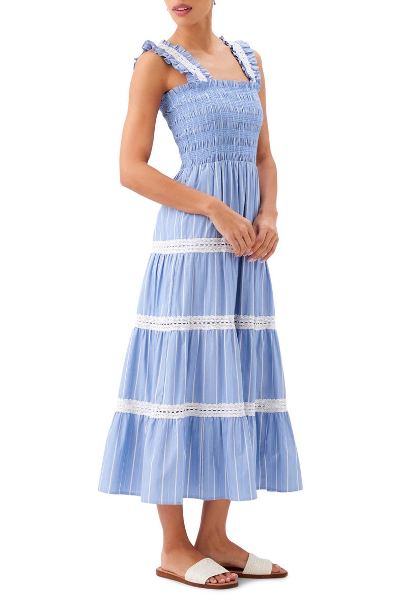 Karen Kane Tiered Stripe Sleeveless Cotton Midi Dress, Alternate, color, Blue W/ Off White