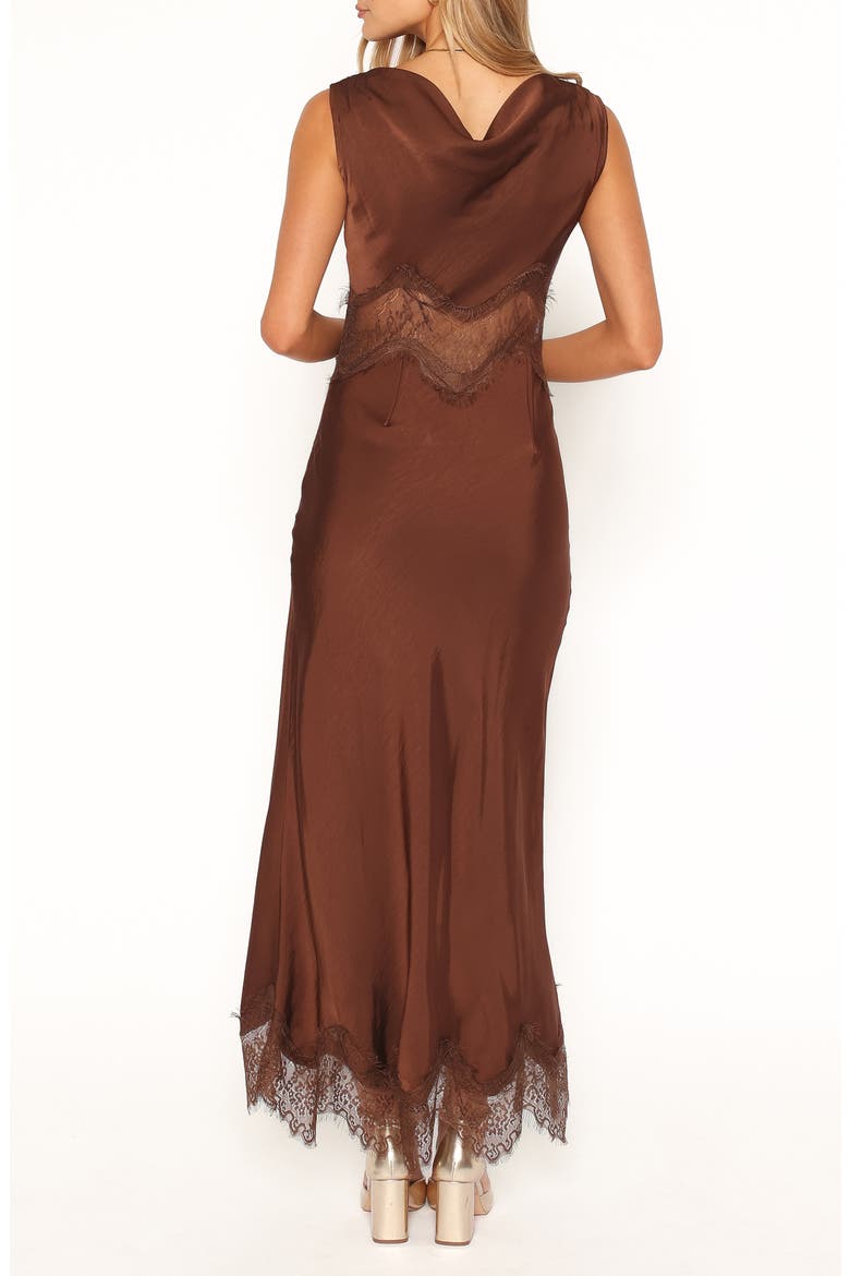 Belmont Lace Trim Satin Midi Dress, Alternate, color, BROWN