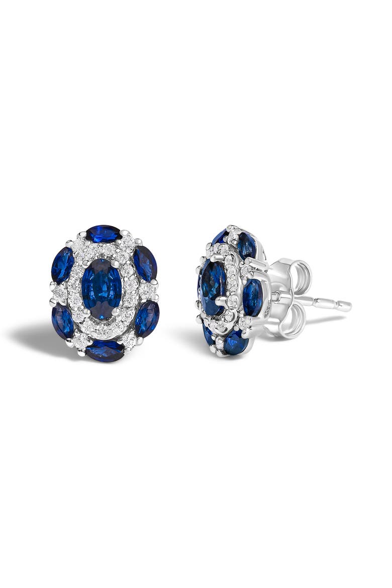 14K White Gold Blue Sapphire and Diamond Vintage Style Stud Earrings, Alternate, color, White