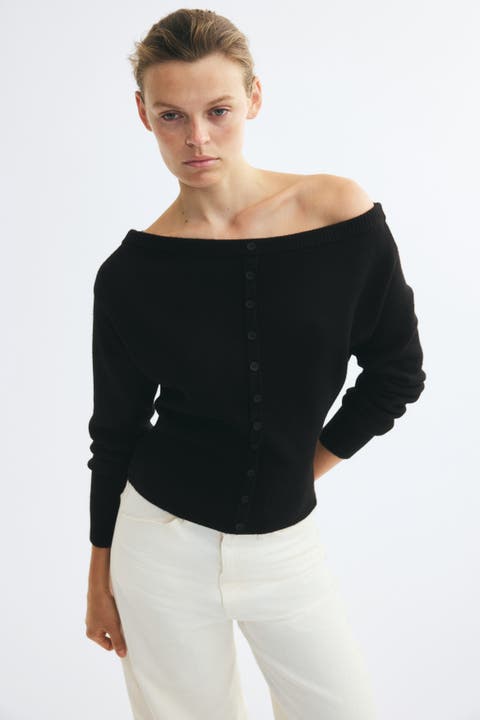 Bouclé-Knit Off-The-Shoulder Cardigan