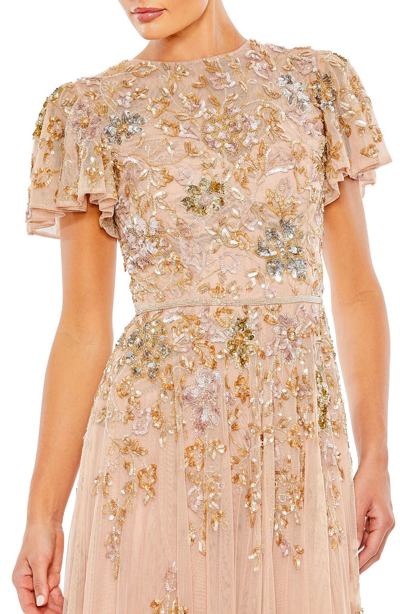 Mac Duggal Embellished Butterfly Sleeve High Neck Gown, Alternate, color, Taupe Multi