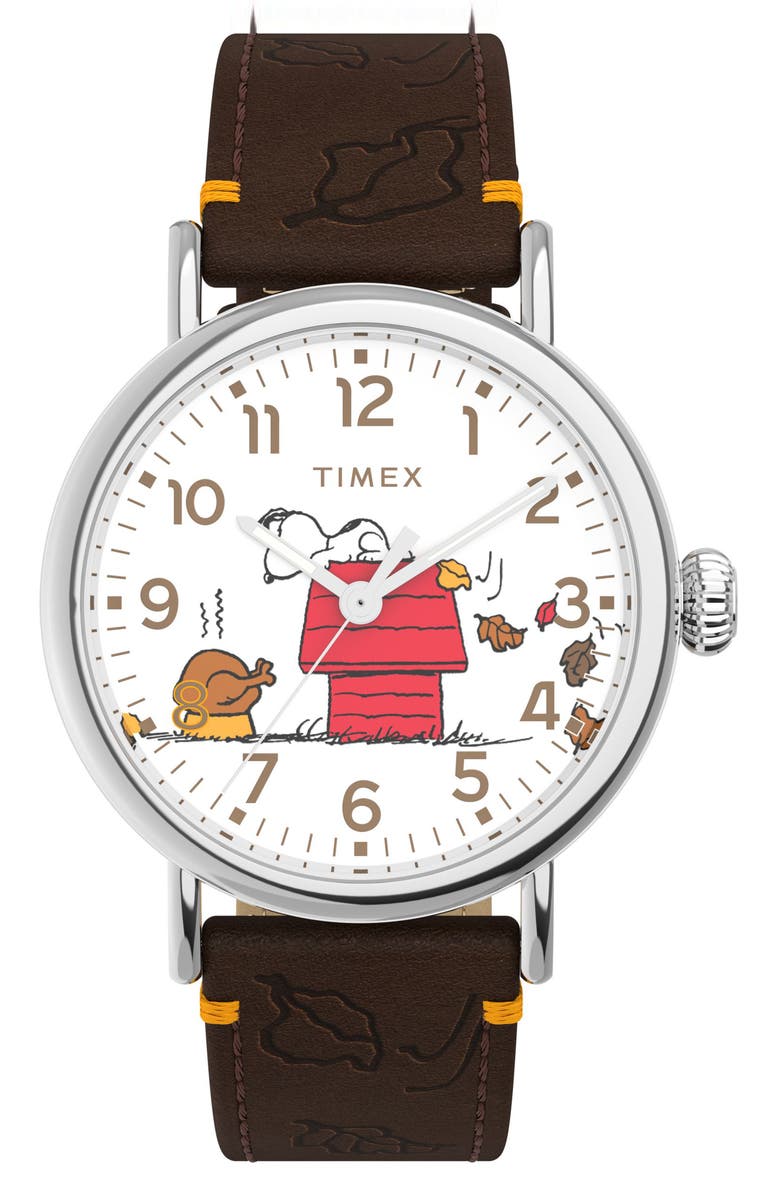 Timex<sup>®</sup> x Peanuts<sup>®</sup> Thanksgiving Standard Leather Strap Watch, 40mm, Main, color, White