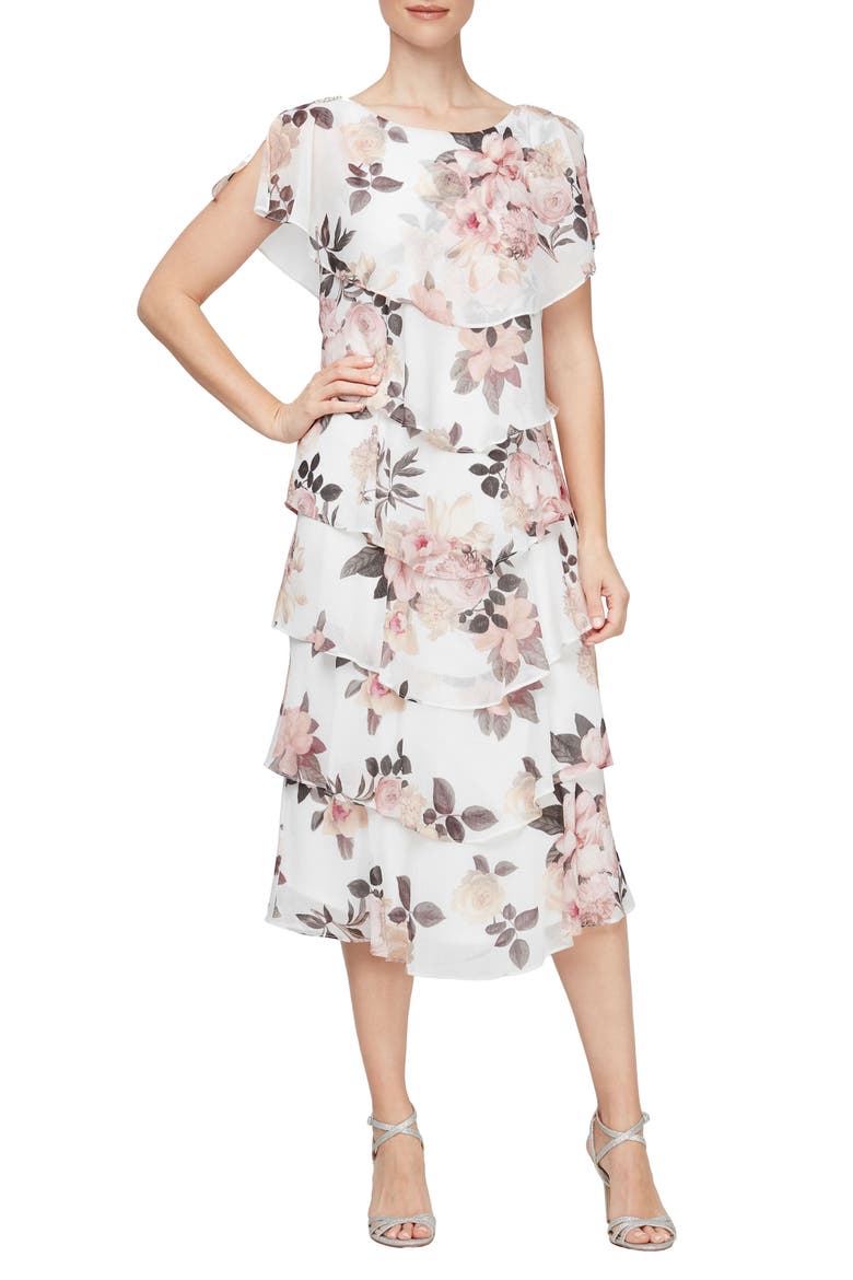 Floral Tiered Cocktail Midi Dress, Main, color, IVORY/PINK