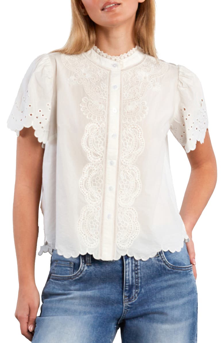 Wash Lab Denim Sweet Lace Trim Cotton Blend Top, Main, color, Snow White