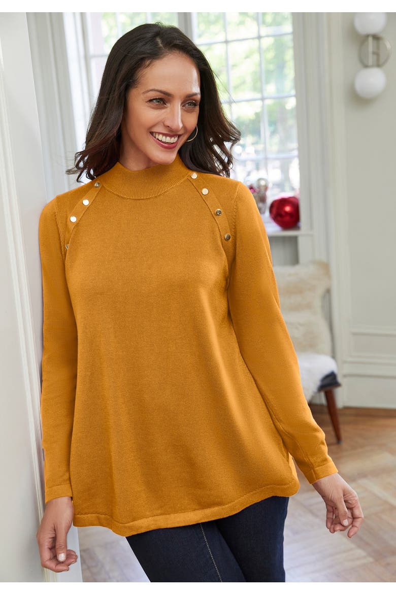 Gold Button Mockneck Sweater, Alternate, color, RICH BROWN