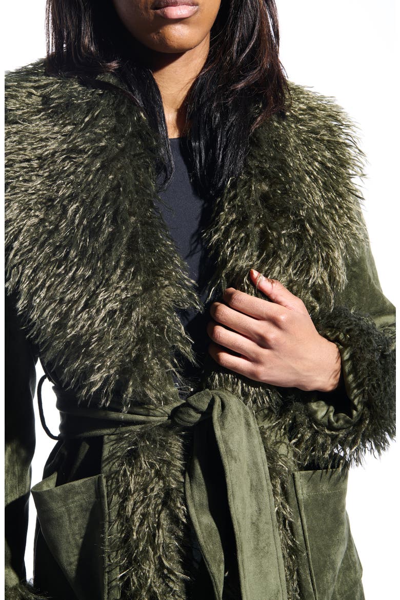 Belted Faux Suede Coat with Faux Fur Trim, Alternate, color, OLIVE