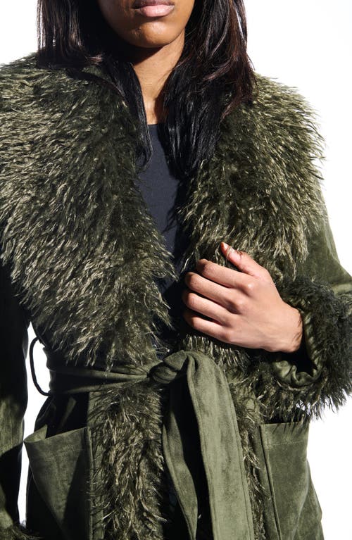 Azalea Wang Belted Faux Suede Coat With Faux Fur Trim In Green