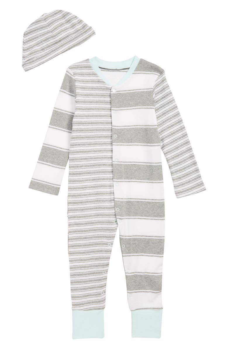 Burt's Bees Baby Peace Stripe Organic Cotton Romper & Hat Set, Main, color, 