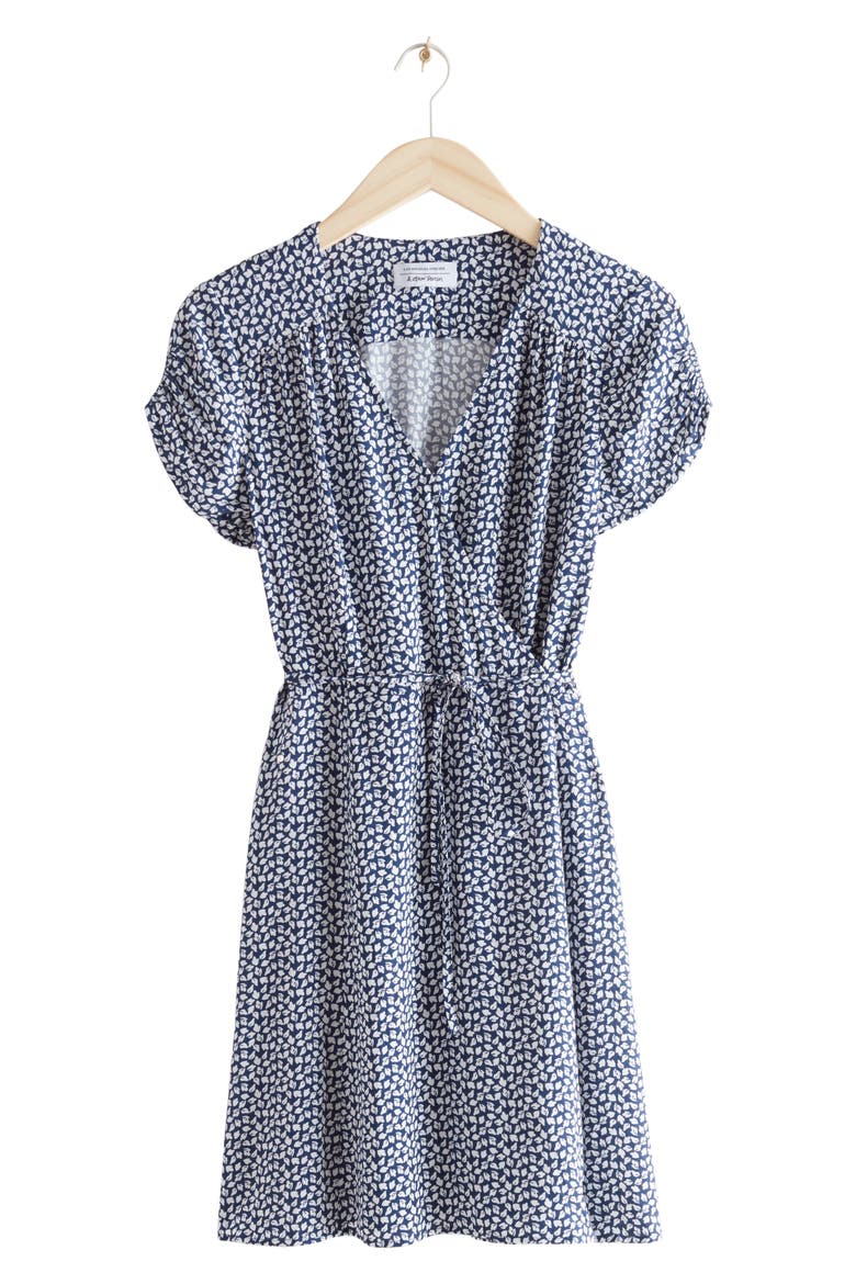 Print Short Sleeve Wrap Dress, Alternate, color, NAVY/ WHITE AOP